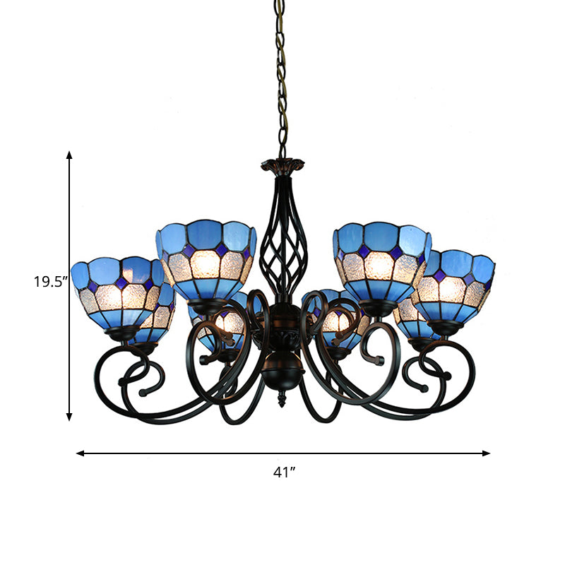 Dome Hanging Ceiling Light with Grid Design 6/8 Lights Blue Glass Tiffany Bedroom Lighting Clearhalo 'Ceiling Lights' 'Chandeliers' 'Industrial' 'Middle Century Chandeliers' 'Tiffany Chandeliers' 'Tiffany close to ceiling' 'Tiffany' Lighting' 177841