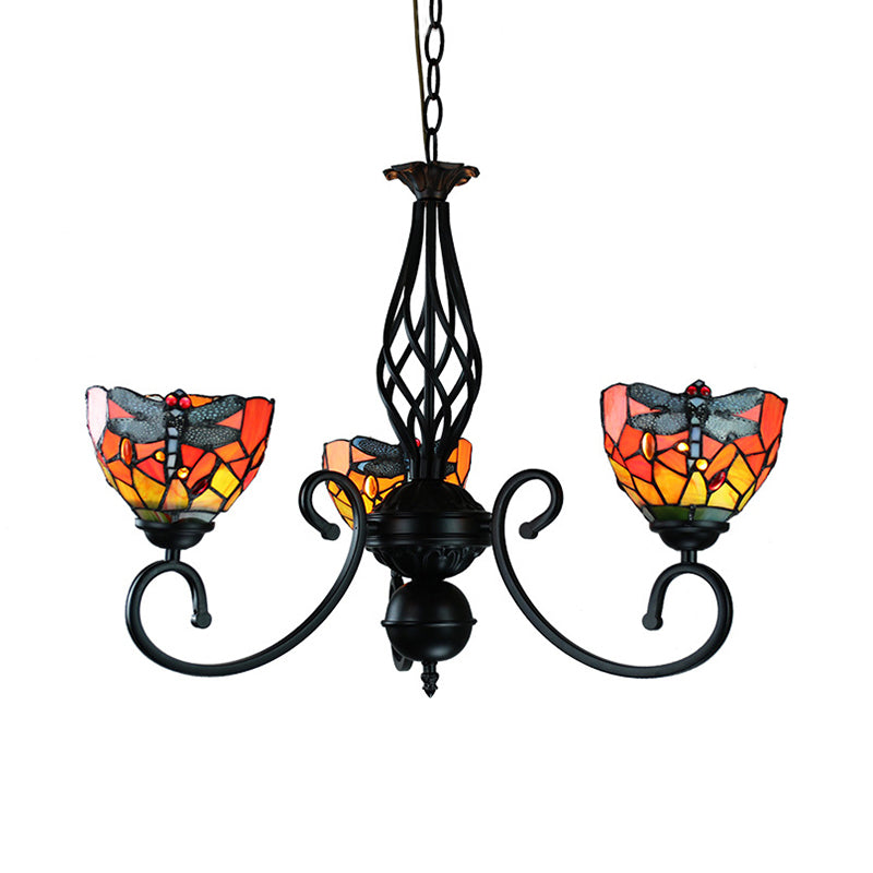 Stained Glass Dragonfly Suspension Light with Curved Arm Lodge Style Multi Color Chandelier for Foyer Clearhalo 'Ceiling Lights' 'Chandeliers' 'Industrial' 'Middle Century Chandeliers' 'Tiffany Chandeliers' 'Tiffany close to ceiling' 'Tiffany' Lighting' 177844