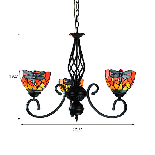 Stained Glass Dragonfly Suspension Light with Curved Arm Lodge Style Multi Color Chandelier for Foyer Clearhalo 'Ceiling Lights' 'Chandeliers' 'Industrial' 'Middle Century Chandeliers' 'Tiffany Chandeliers' 'Tiffany close to ceiling' 'Tiffany' Lighting' 177845