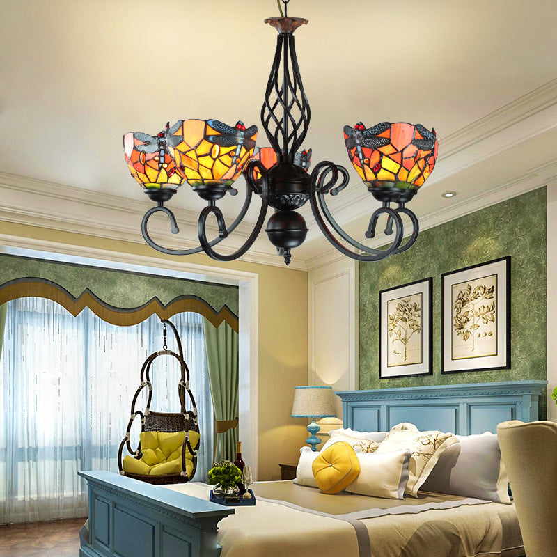 Rustic Bowl Pendant Light Dragonfly 5 Lights Stained Glass Chandelier Lamp for Bedroom Clearhalo 'Ceiling Lights' 'Chandeliers' 'Industrial' 'Middle Century Chandeliers' 'Tiffany Chandeliers' 'Tiffany close to ceiling' 'Tiffany' Lighting' 177847