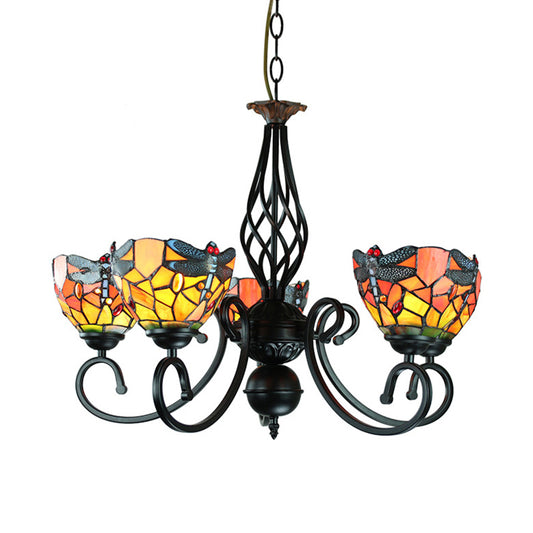 Rustic Bowl Pendant Light Dragonfly 5 Lights Stained Glass Chandelier Lamp for Bedroom Clearhalo 'Ceiling Lights' 'Chandeliers' 'Industrial' 'Middle Century Chandeliers' 'Tiffany Chandeliers' 'Tiffany close to ceiling' 'Tiffany' Lighting' 177848