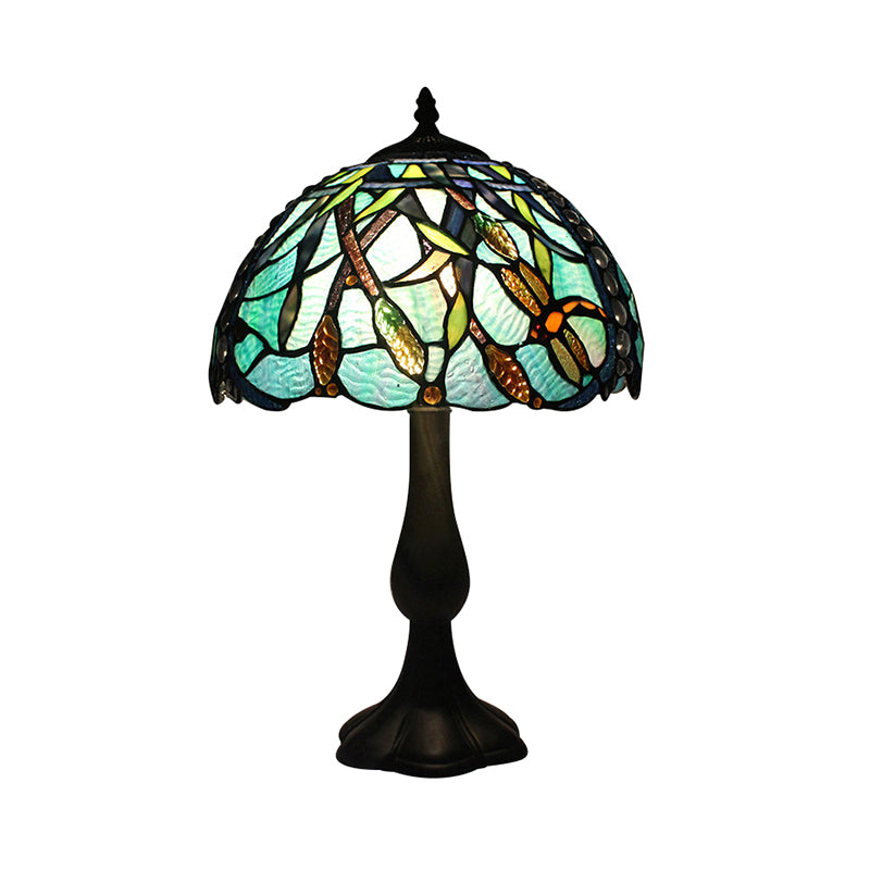 Restaurant Plug In Desk Light Stained Glass 1 Head Tiffany Rustic Reading Light with Peacock Tail/Dragonfly Design in Green Clearhalo 'Lamps' 'Table Lamps' Lighting' 177852