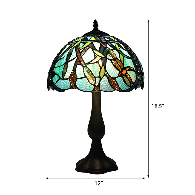 Restaurant Plug In Desk Light Stained Glass 1 Head Tiffany Rustic Reading Light with Peacock Tail/Dragonfly Design in Green Clearhalo 'Lamps' 'Table Lamps' Lighting' 177853