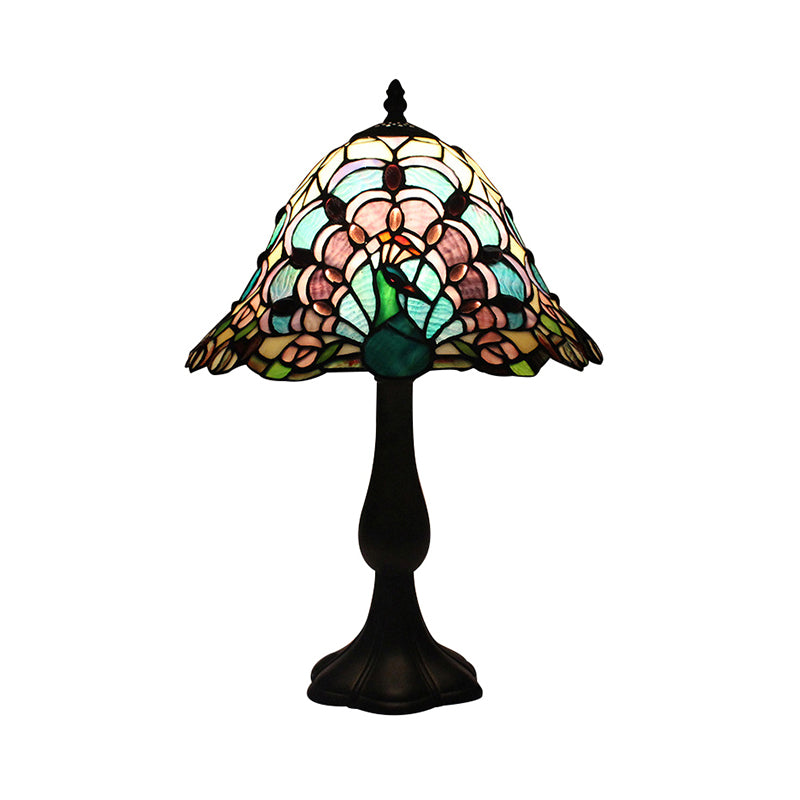 Restaurant Plug In Desk Light Stained Glass 1 Head Tiffany Rustic Reading Light with Peacock Tail/Dragonfly Design in Green Clearhalo 'Lamps' 'Table Lamps' Lighting' 177856