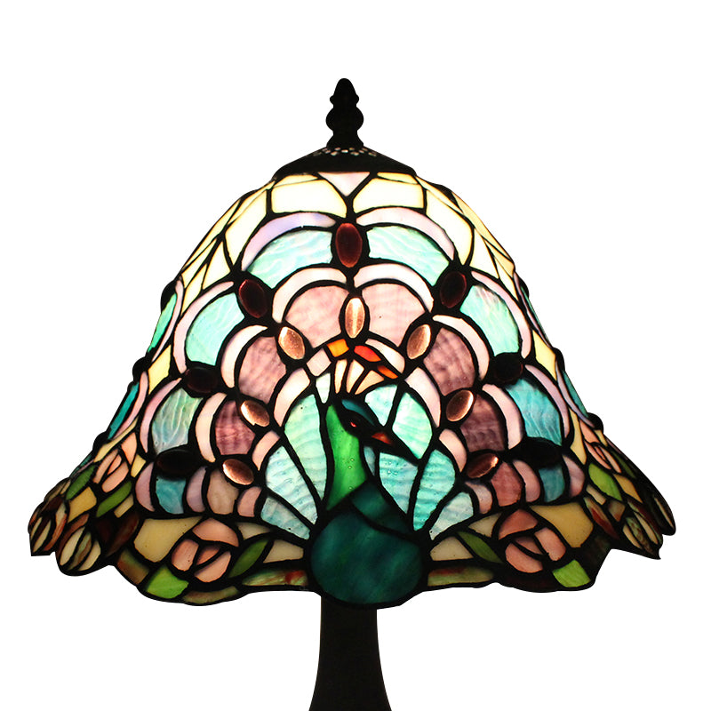 Restaurant Plug In Desk Light Stained Glass 1 Head Tiffany Rustic Reading Light with Peacock Tail/Dragonfly Design in Green Clearhalo 'Lamps' 'Table Lamps' Lighting' 177857