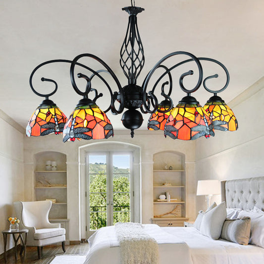 Tiffany Dragonfly Ceiling Chandelier with Curved Arm and Metal Chain 6/8 Heads Stained Glass Indoor Lighting 6 Orange Clearhalo 'Ceiling Lights' 'Chandeliers' 'Industrial' 'Middle Century Chandeliers' 'Tiffany Chandeliers' 'Tiffany close to ceiling' 'Tiffany' Lighting' 177858