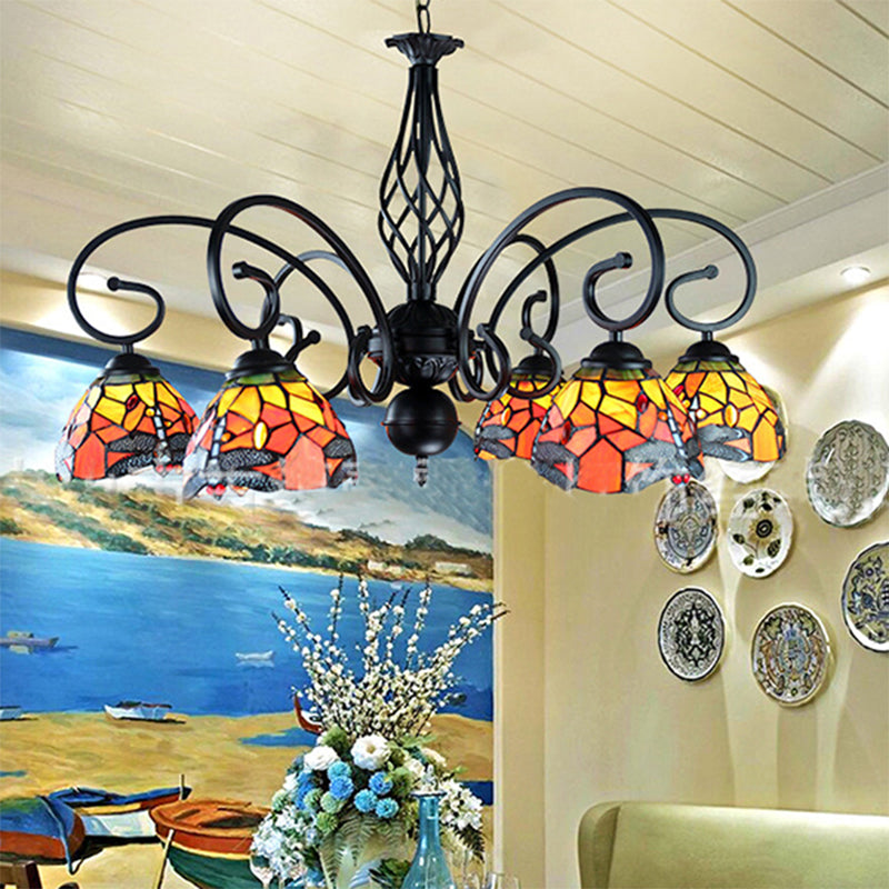 Tiffany Dragonfly Ceiling Chandelier with Curved Arm and Metal Chain 6/8 Heads Stained Glass Indoor Lighting Clearhalo 'Ceiling Lights' 'Chandeliers' 'Industrial' 'Middle Century Chandeliers' 'Tiffany Chandeliers' 'Tiffany close to ceiling' 'Tiffany' Lighting' 177859