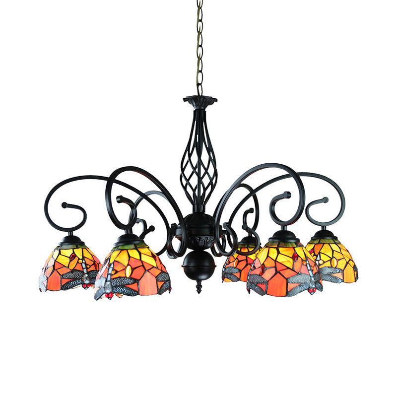 Tiffany Dragonfly Ceiling Chandelier with Curved Arm and Metal Chain 6/8 Heads Stained Glass Indoor Lighting Clearhalo 'Ceiling Lights' 'Chandeliers' 'Industrial' 'Middle Century Chandeliers' 'Tiffany Chandeliers' 'Tiffany close to ceiling' 'Tiffany' Lighting' 177860