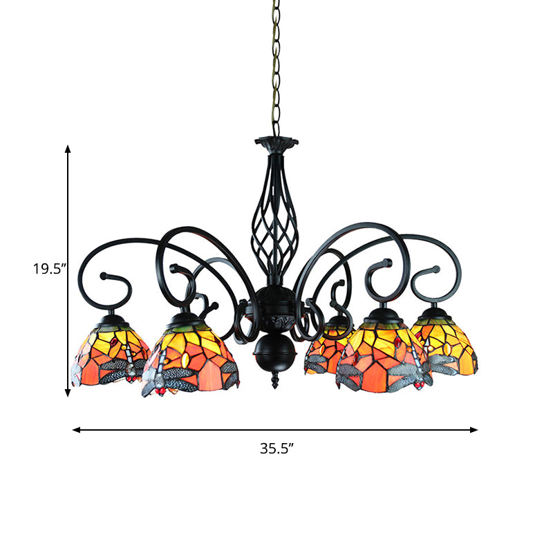 Tiffany Dragonfly Ceiling Chandelier with Curved Arm and Metal Chain 6/8 Heads Stained Glass Indoor Lighting Clearhalo 'Ceiling Lights' 'Chandeliers' 'Industrial' 'Middle Century Chandeliers' 'Tiffany Chandeliers' 'Tiffany close to ceiling' 'Tiffany' Lighting' 177861