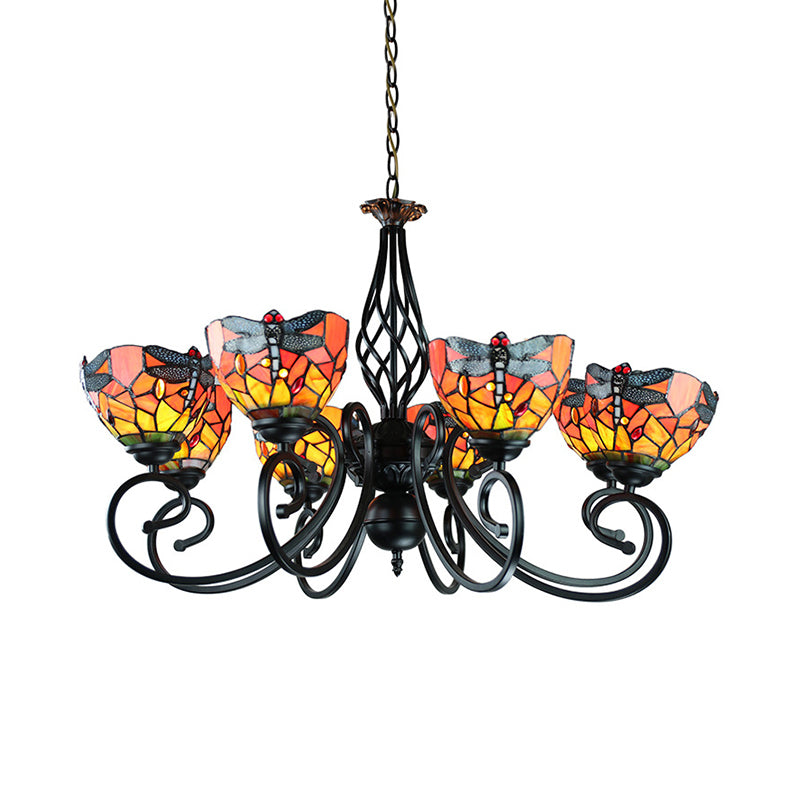 Tiffany Dragonfly Ceiling Chandelier with Curved Arm and Metal Chain 6/8 Heads Stained Glass Indoor Lighting Clearhalo 'Ceiling Lights' 'Chandeliers' 'Industrial' 'Middle Century Chandeliers' 'Tiffany Chandeliers' 'Tiffany close to ceiling' 'Tiffany' Lighting' 177863