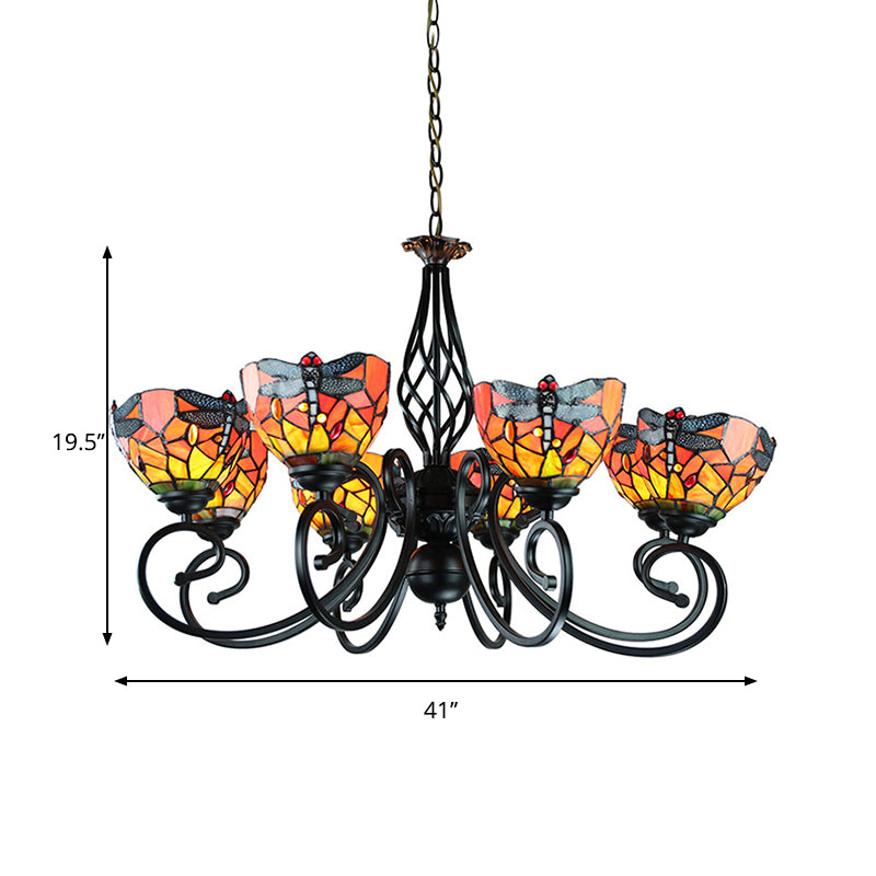 Tiffany Dragonfly Ceiling Chandelier with Curved Arm and Metal Chain 6/8 Heads Stained Glass Indoor Lighting Clearhalo 'Ceiling Lights' 'Chandeliers' 'Industrial' 'Middle Century Chandeliers' 'Tiffany Chandeliers' 'Tiffany close to ceiling' 'Tiffany' Lighting' 177864