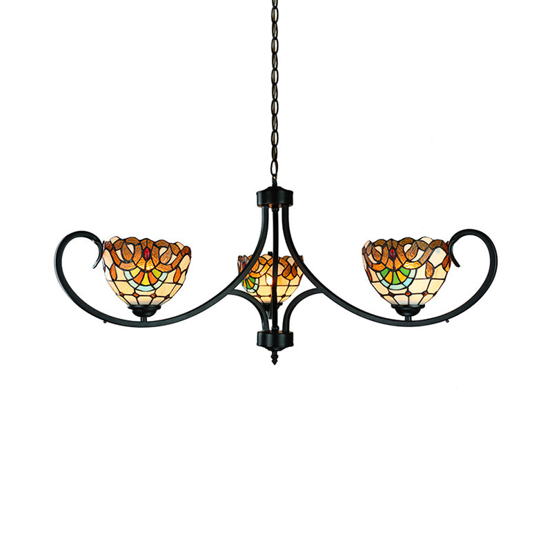 Victorian Bowl Pendant Light with Hanging Chain Stained Glass 3 Lights Chandelier in Beige for Dining Room Clearhalo 'Ceiling Lights' 'Chandeliers' 'Industrial' 'Middle Century Chandeliers' 'Tiffany Chandeliers' 'Tiffany close to ceiling' 'Tiffany' Lighting' 177867