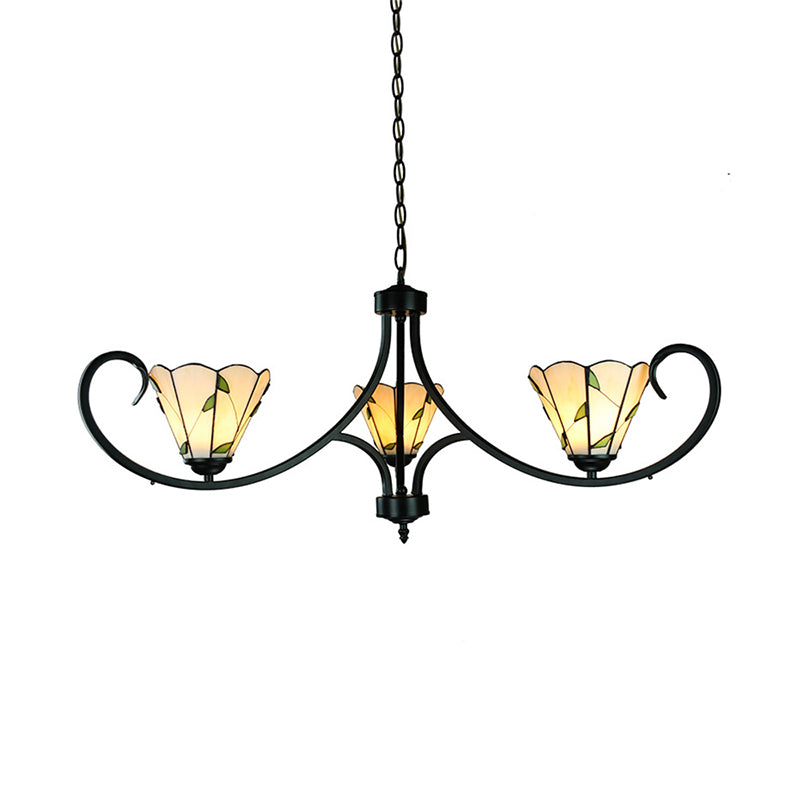 Rustic Leaf Foyer Pendant Light with Cone Shade and 14" Chain Adjustable 3 Lights Beige Glass Chandelier Clearhalo 'Ceiling Lights' 'Chandeliers' 'Industrial' 'Middle Century Chandeliers' 'Tiffany Chandeliers' 'Tiffany close to ceiling' 'Tiffany' Lighting' 177871