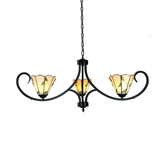 Rustic Leaf Foyer Pendant Light with Cone Shade and 14" Chain Adjustable 3 Lights Beige Glass Chandelier Clearhalo 'Ceiling Lights' 'Chandeliers' 'Industrial' 'Middle Century Chandeliers' 'Tiffany Chandeliers' 'Tiffany close to ceiling' 'Tiffany' Lighting' 177871