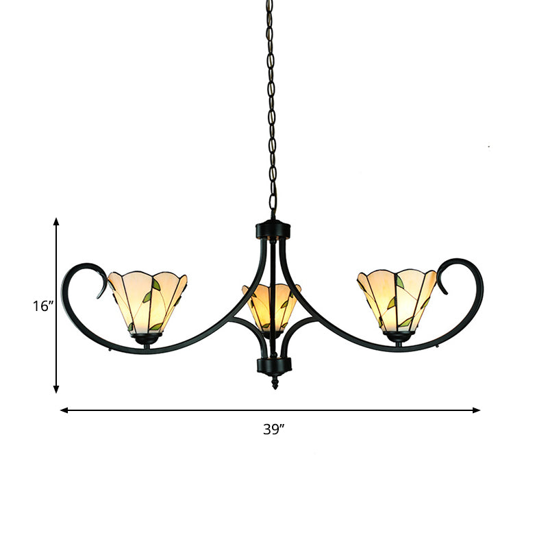 Rustic Leaf Foyer Pendant Light with Cone Shade and 14" Chain Adjustable 3 Lights Beige Glass Chandelier Clearhalo 'Ceiling Lights' 'Chandeliers' 'Industrial' 'Middle Century Chandeliers' 'Tiffany Chandeliers' 'Tiffany close to ceiling' 'Tiffany' Lighting' 177872