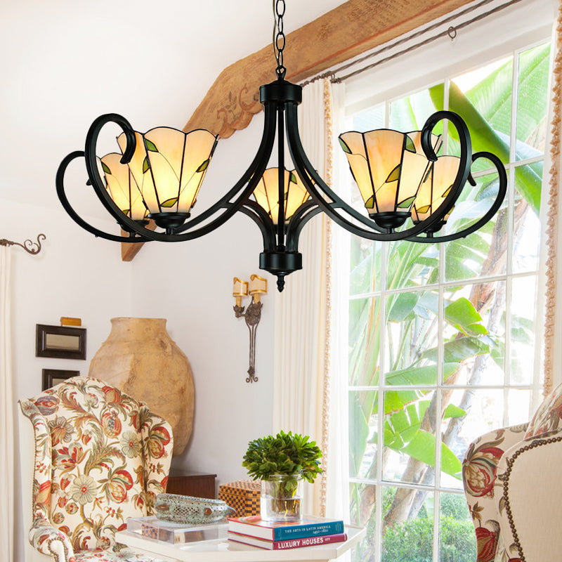 5/6/8 Heads Tiffany Cone Chandelier Lamp with Black Curved Stained Glass Indoor Lighting in Beige for Bedroom 5 Beige Clearhalo 'Ceiling Lights' 'Chandeliers' 'Industrial' 'Middle Century Chandeliers' 'Tiffany Chandeliers' 'Tiffany close to ceiling' 'Tiffany' Lighting' 177883