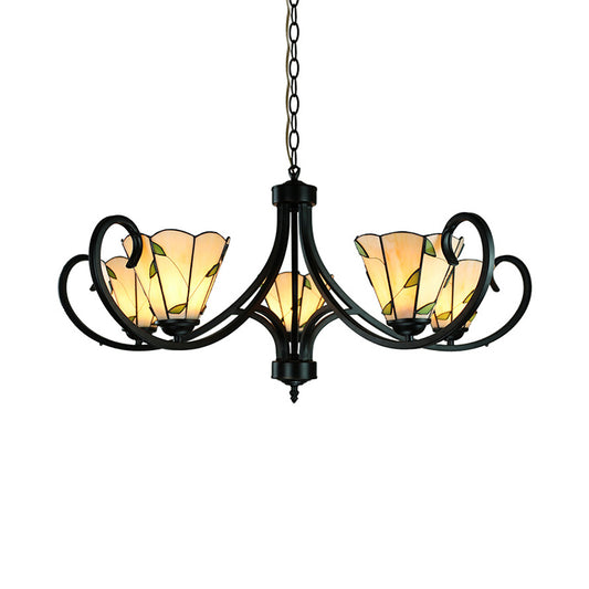 5/6/8 Heads Tiffany Cone Chandelier Lamp with Black Curved Stained Glass Indoor Lighting in Beige for Bedroom Clearhalo 'Ceiling Lights' 'Chandeliers' 'Industrial' 'Middle Century Chandeliers' 'Tiffany Chandeliers' 'Tiffany close to ceiling' 'Tiffany' Lighting' 177885
