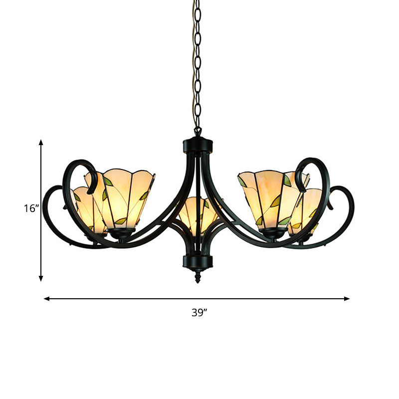 5/6/8 Heads Tiffany Cone Chandelier Lamp with Black Curved Stained Glass Indoor Lighting in Beige for Bedroom Clearhalo 'Ceiling Lights' 'Chandeliers' 'Industrial' 'Middle Century Chandeliers' 'Tiffany Chandeliers' 'Tiffany close to ceiling' 'Tiffany' Lighting' 177886
