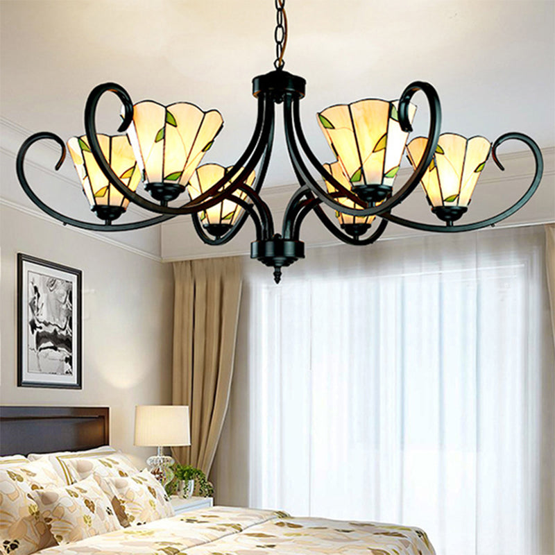 5/6/8 Heads Tiffany Cone Chandelier Lamp with Black Curved Stained Glass Indoor Lighting in Beige for Bedroom 6 Beige Clearhalo 'Ceiling Lights' 'Chandeliers' 'Industrial' 'Middle Century Chandeliers' 'Tiffany Chandeliers' 'Tiffany close to ceiling' 'Tiffany' Lighting' 177887