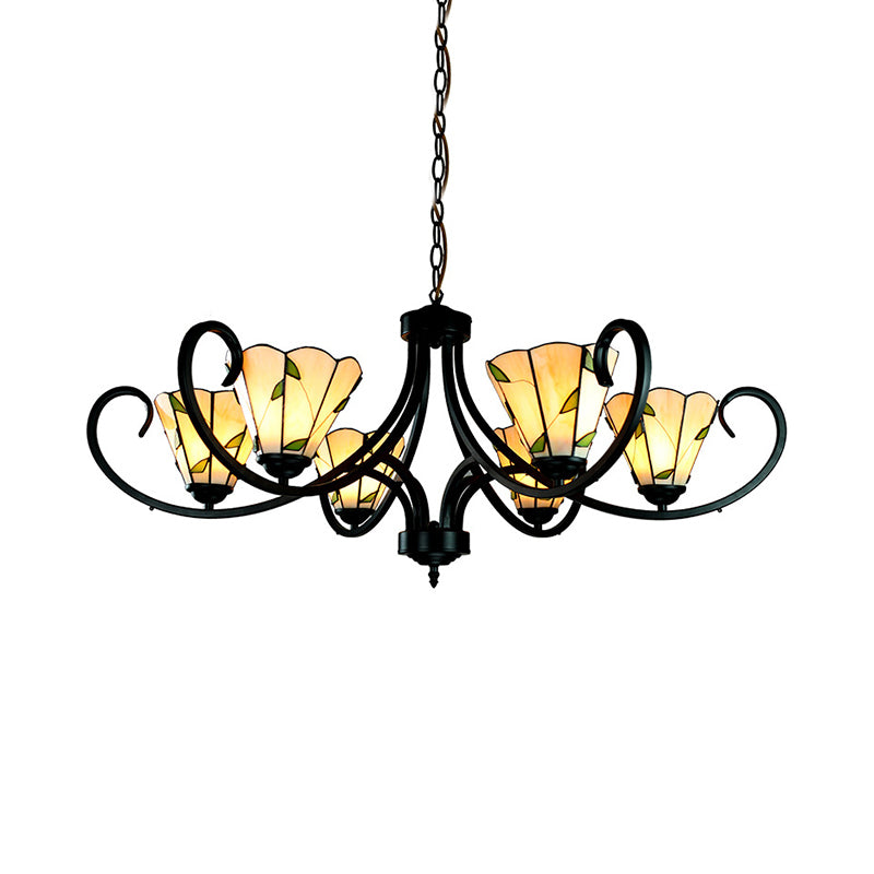 5/6/8 Heads Tiffany Cone Chandelier Lamp with Black Curved Stained Glass Indoor Lighting in Beige for Bedroom Clearhalo 'Ceiling Lights' 'Chandeliers' 'Industrial' 'Middle Century Chandeliers' 'Tiffany Chandeliers' 'Tiffany close to ceiling' 'Tiffany' Lighting' 177888