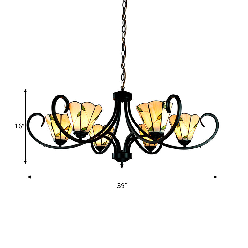 5/6/8 Heads Tiffany Cone Chandelier Lamp with Black Curved Stained Glass Indoor Lighting in Beige for Bedroom Clearhalo 'Ceiling Lights' 'Chandeliers' 'Industrial' 'Middle Century Chandeliers' 'Tiffany Chandeliers' 'Tiffany close to ceiling' 'Tiffany' Lighting' 177889