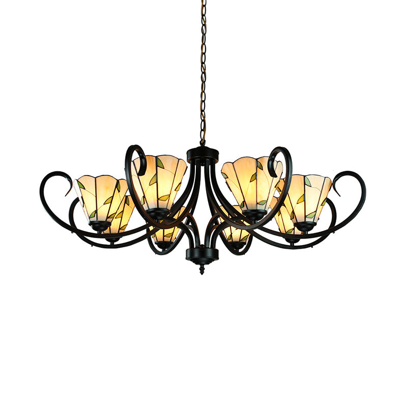 5/6/8 Heads Tiffany Cone Chandelier Lamp with Black Curved Stained Glass Indoor Lighting in Beige for Bedroom Clearhalo 'Ceiling Lights' 'Chandeliers' 'Industrial' 'Middle Century Chandeliers' 'Tiffany Chandeliers' 'Tiffany close to ceiling' 'Tiffany' Lighting' 177891