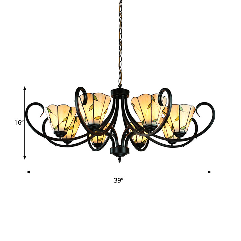 5/6/8 Heads Tiffany Cone Chandelier Lamp with Black Curved Stained Glass Indoor Lighting in Beige for Bedroom Clearhalo 'Ceiling Lights' 'Chandeliers' 'Industrial' 'Middle Century Chandeliers' 'Tiffany Chandeliers' 'Tiffany close to ceiling' 'Tiffany' Lighting' 177892