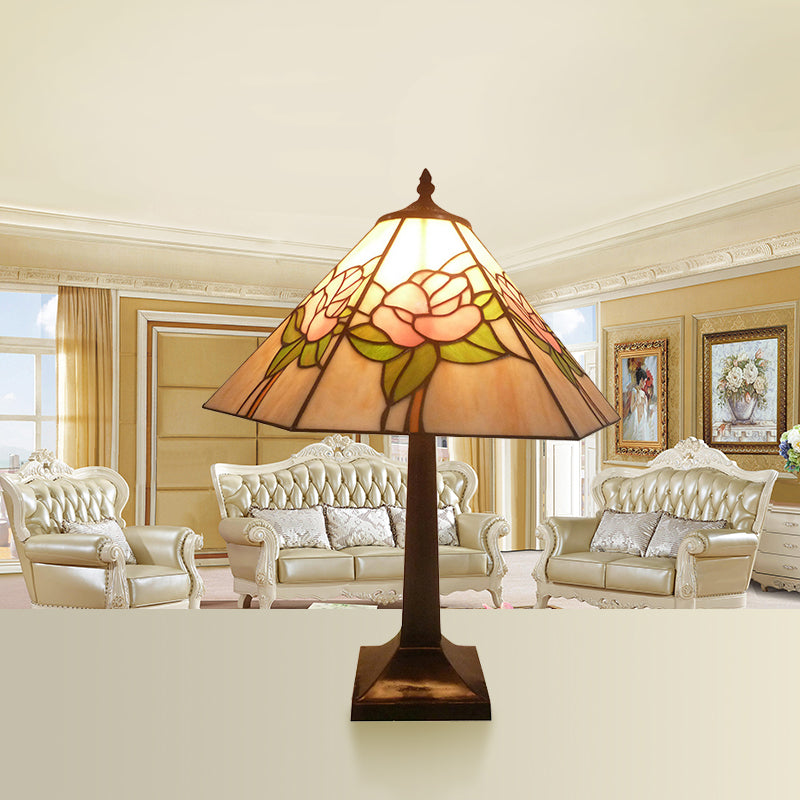 Tiffany Craftsman Desk Light with Rose/Gem Stained Glass 1 Light Pink Reading Light for Living Room Clearhalo 'Lamps' 'Table Lamps' Lighting' 177894