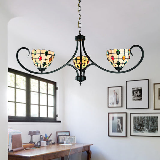 Beige Bowl Suspended Light with Colorful Bead Tiffany Stained Glass 3 Lights Chandelier for Dining Room Beige Clearhalo 'Ceiling Lights' 'Chandeliers' 'Industrial' 'Middle Century Chandeliers' 'Tiffany Chandeliers' 'Tiffany close to ceiling' 'Tiffany' Lighting' 177938