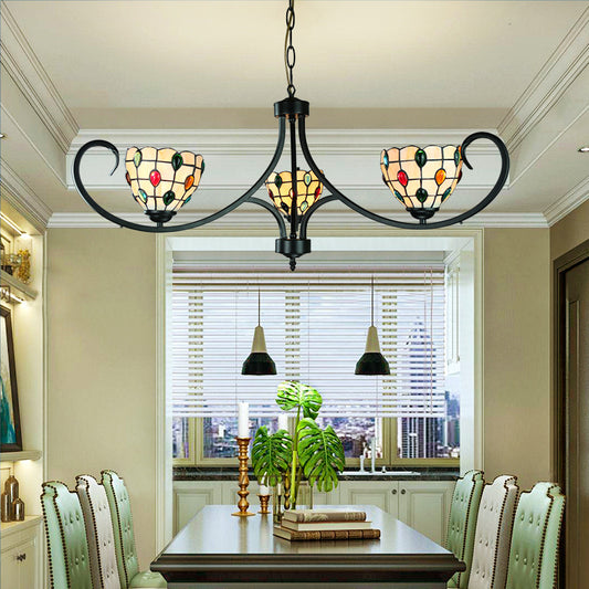 Beige Bowl Suspended Light with Colorful Bead Tiffany Stained Glass 3 Lights Chandelier for Dining Room Clearhalo 'Ceiling Lights' 'Chandeliers' 'Industrial' 'Middle Century Chandeliers' 'Tiffany Chandeliers' 'Tiffany close to ceiling' 'Tiffany' Lighting' 177939