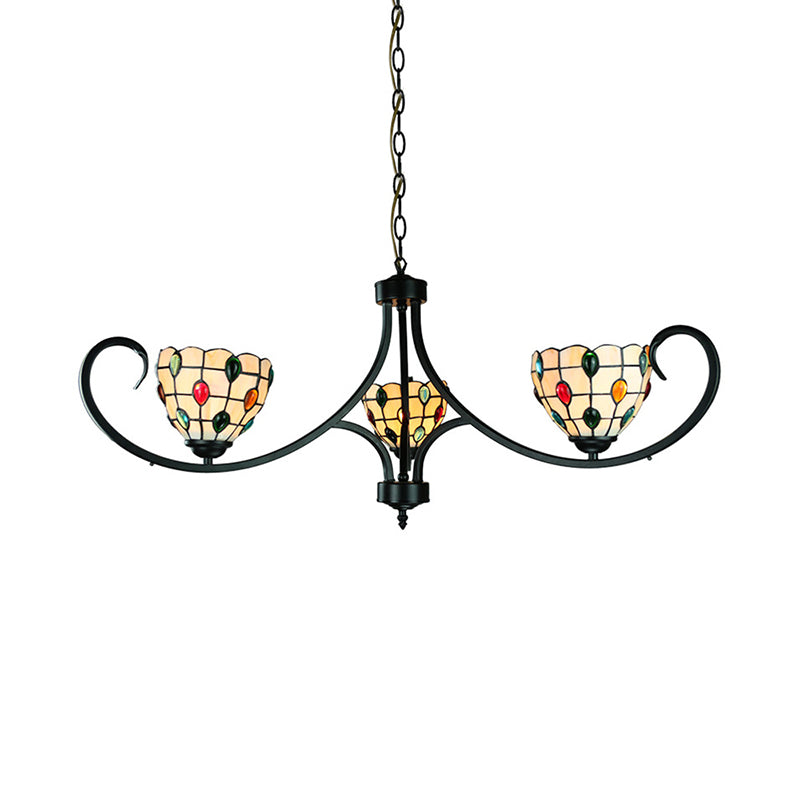 Beige Bowl Suspended Light with Colorful Bead Tiffany Stained Glass 3 Lights Chandelier for Dining Room Clearhalo 'Ceiling Lights' 'Chandeliers' 'Industrial' 'Middle Century Chandeliers' 'Tiffany Chandeliers' 'Tiffany close to ceiling' 'Tiffany' Lighting' 177940