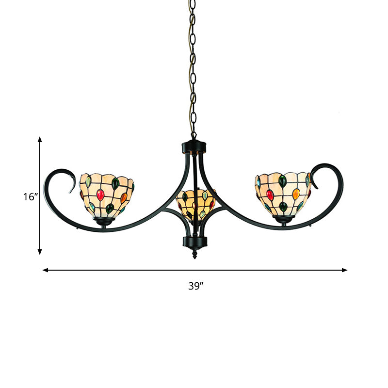 Beige Bowl Suspended Light with Colorful Bead Tiffany Stained Glass 3 Lights Chandelier for Dining Room Clearhalo 'Ceiling Lights' 'Chandeliers' 'Industrial' 'Middle Century Chandeliers' 'Tiffany Chandeliers' 'Tiffany close to ceiling' 'Tiffany' Lighting' 177941