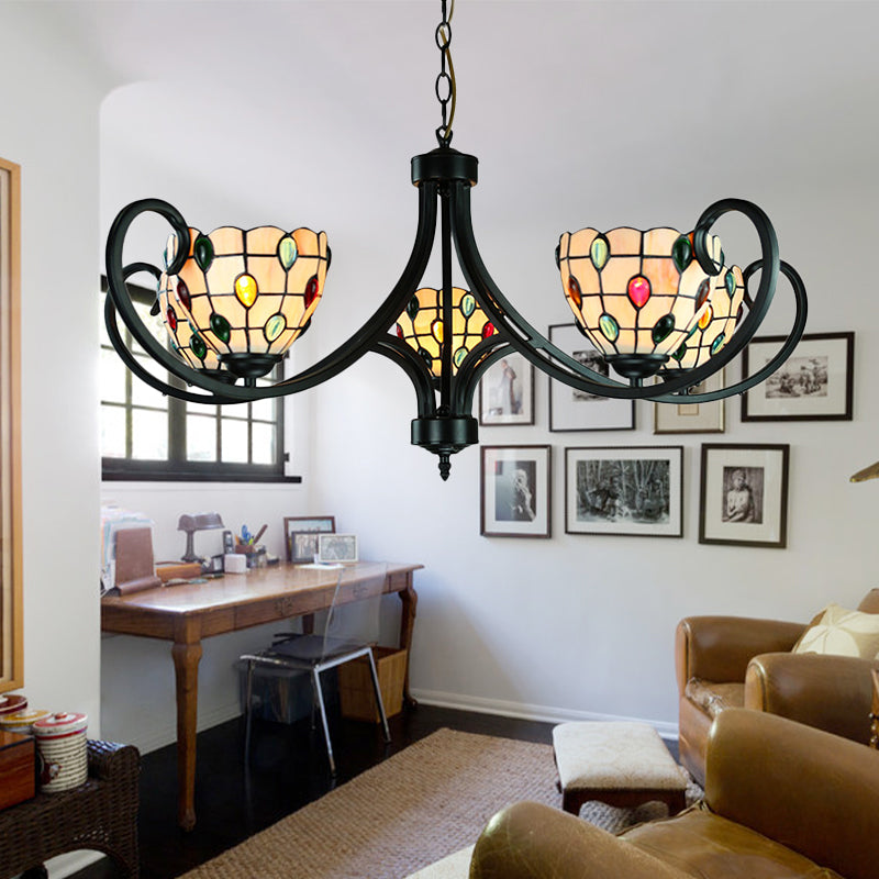 Tiffany Beaded Chandelier Lighting Stained Glass 5/6/8 Lights Indoor Pendant Lighting in Beige for Living Room 5 Beige Clearhalo 'Ceiling Lights' 'Chandeliers' 'Industrial' 'Middle Century Chandeliers' 'Tiffany Chandeliers' 'Tiffany close to ceiling' 'Tiffany' Lighting' 177947