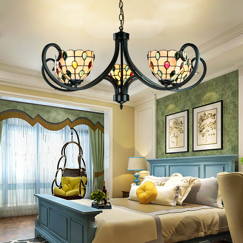 Tiffany Beaded Chandelier Lighting Stained Glass 5/6/8 Lights Indoor Pendant Lighting in Beige for Living Room Clearhalo 'Ceiling Lights' 'Chandeliers' 'Industrial' 'Middle Century Chandeliers' 'Tiffany Chandeliers' 'Tiffany close to ceiling' 'Tiffany' Lighting' 177948