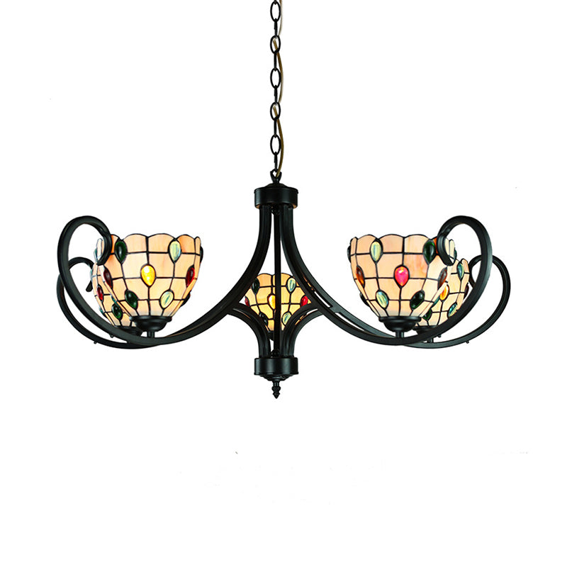 Tiffany Beaded Chandelier Lighting Stained Glass 5/6/8 Lights Indoor Pendant Lighting in Beige for Living Room Clearhalo 'Ceiling Lights' 'Chandeliers' 'Industrial' 'Middle Century Chandeliers' 'Tiffany Chandeliers' 'Tiffany close to ceiling' 'Tiffany' Lighting' 177949