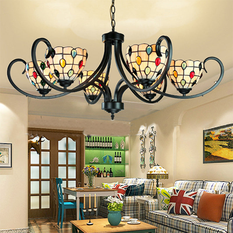 Tiffany Beaded Chandelier Lighting Stained Glass 5/6/8 Lights Indoor Pendant Lighting in Beige for Living Room 6 Beige Clearhalo 'Ceiling Lights' 'Chandeliers' 'Industrial' 'Middle Century Chandeliers' 'Tiffany Chandeliers' 'Tiffany close to ceiling' 'Tiffany' Lighting' 177951