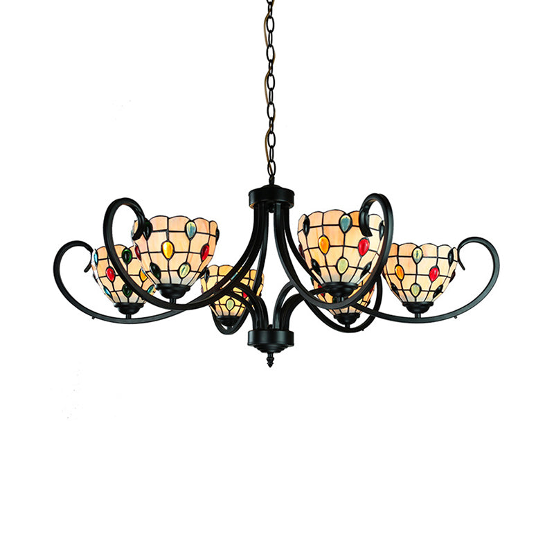 Tiffany Beaded Chandelier Lighting Stained Glass 5/6/8 Lights Indoor Pendant Lighting in Beige for Living Room Clearhalo 'Ceiling Lights' 'Chandeliers' 'Industrial' 'Middle Century Chandeliers' 'Tiffany Chandeliers' 'Tiffany close to ceiling' 'Tiffany' Lighting' 177952