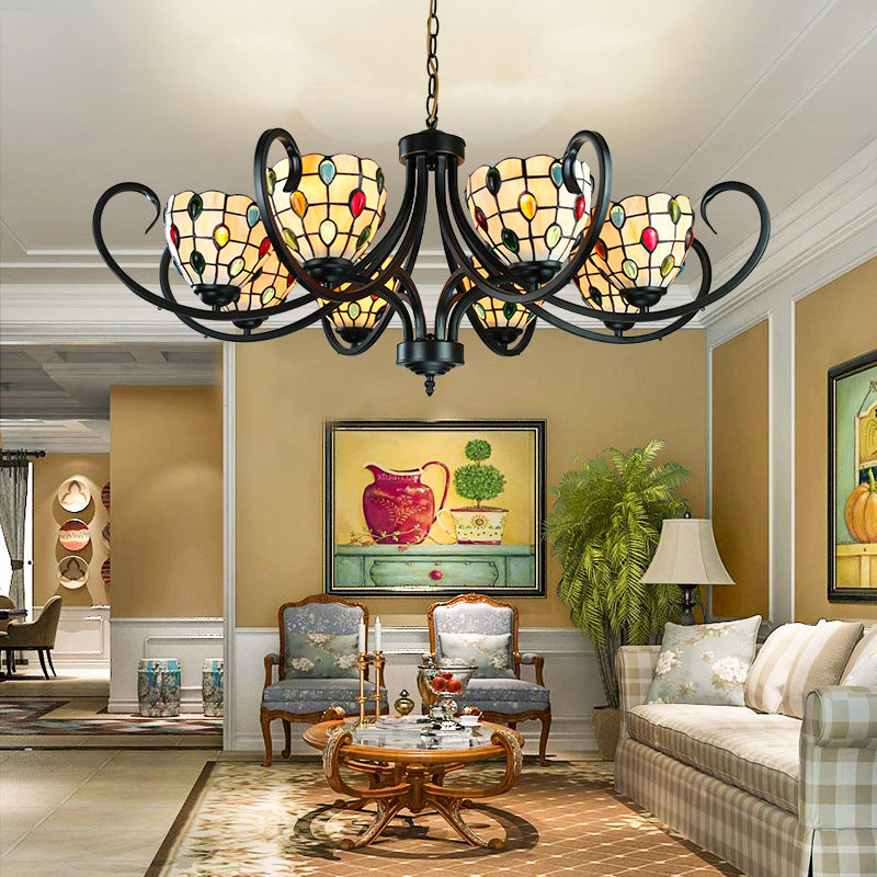 Tiffany Beaded Chandelier Lighting Stained Glass 5/6/8 Lights Indoor Pendant Lighting in Beige for Living Room 8 Beige Clearhalo 'Ceiling Lights' 'Chandeliers' 'Industrial' 'Middle Century Chandeliers' 'Tiffany Chandeliers' 'Tiffany close to ceiling' 'Tiffany' Lighting' 177954