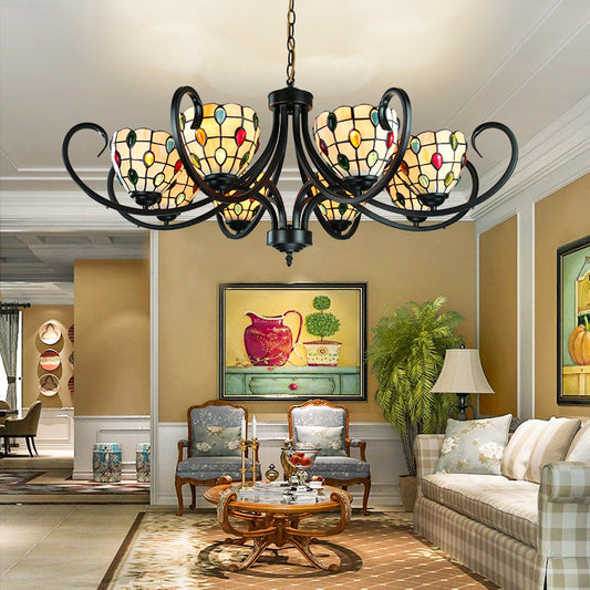 Tiffany Beaded Chandelier Lighting Stained Glass 5/6/8 Lights Indoor Pendant Lighting in Beige for Living Room 8 Beige Clearhalo 'Ceiling Lights' 'Chandeliers' 'Industrial' 'Middle Century Chandeliers' 'Tiffany Chandeliers' 'Tiffany close to ceiling' 'Tiffany' Lighting' 177954
