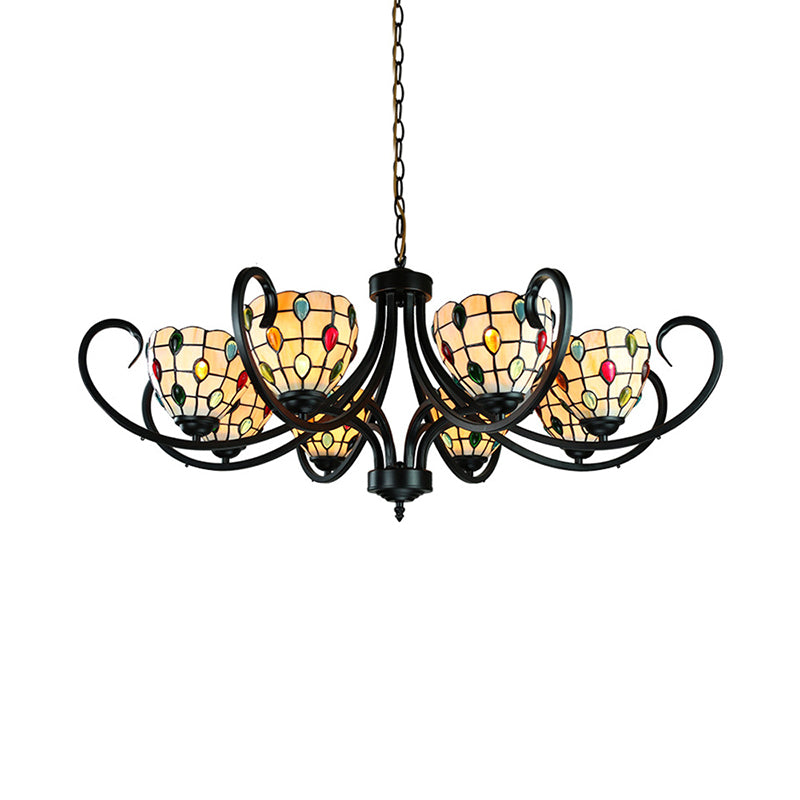 Tiffany Beaded Chandelier Lighting Stained Glass 5/6/8 Lights Indoor Pendant Lighting in Beige for Living Room Clearhalo 'Ceiling Lights' 'Chandeliers' 'Industrial' 'Middle Century Chandeliers' 'Tiffany Chandeliers' 'Tiffany close to ceiling' 'Tiffany' Lighting' 177955