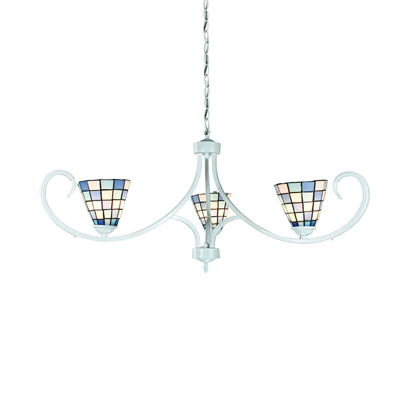 Cone Pendant Lighting with Adjustable Chain Traditional 3 Lights Stained Glass Chandelier in Blue Clearhalo 'Ceiling Lights' 'Chandeliers' 'Industrial' 'Middle Century Chandeliers' 'Tiffany Chandeliers' 'Tiffany close to ceiling' 'Tiffany' Lighting' 177959