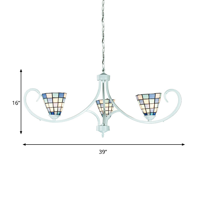 Cone Pendant Lighting with Adjustable Chain Traditional 3 Lights Stained Glass Chandelier in Blue Clearhalo 'Ceiling Lights' 'Chandeliers' 'Industrial' 'Middle Century Chandeliers' 'Tiffany Chandeliers' 'Tiffany close to ceiling' 'Tiffany' Lighting' 177960