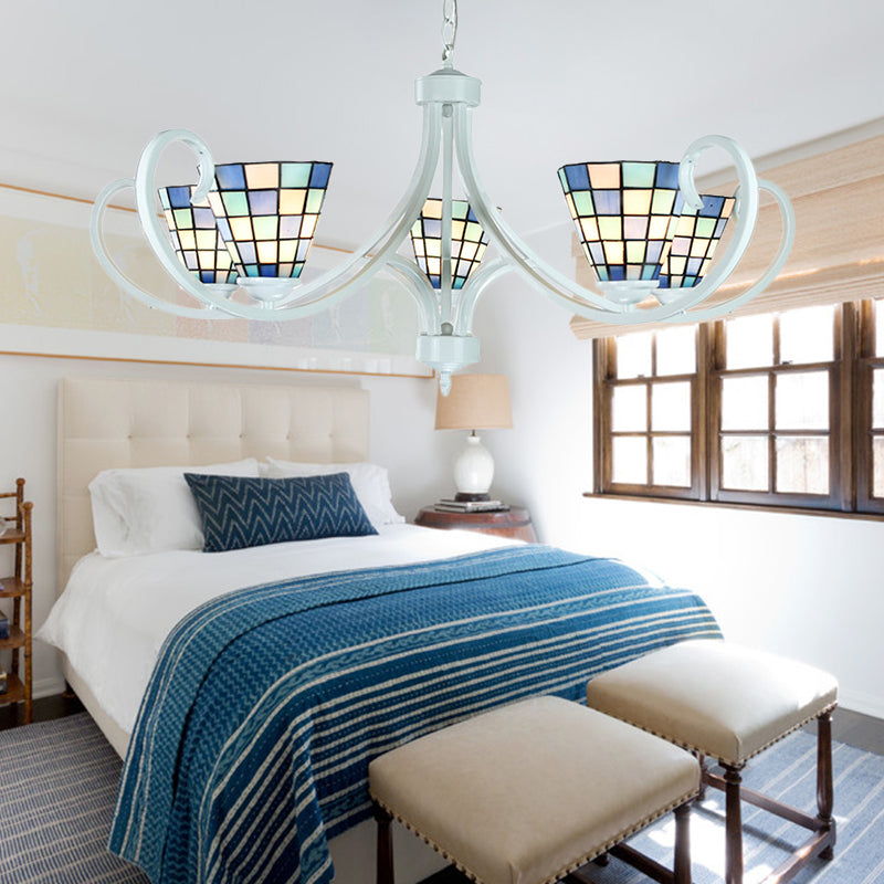 5/6/8 Lights Cone Ceiling Chandelier with Curved Arm Stained Glass Tiffany Indoor Pendant Light 5 Blue Clearhalo 'Ceiling Lights' 'Chandeliers' 'Industrial' 'Middle Century Chandeliers' 'Tiffany Chandeliers' 'Tiffany close to ceiling' 'Tiffany' Lighting' 177961