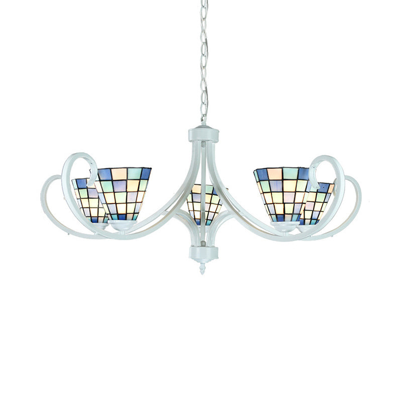 5/6/8 Lights Cone Ceiling Chandelier with Curved Arm Stained Glass Tiffany Indoor Pendant Light Clearhalo 'Ceiling Lights' 'Chandeliers' 'Industrial' 'Middle Century Chandeliers' 'Tiffany Chandeliers' 'Tiffany close to ceiling' 'Tiffany' Lighting' 177963