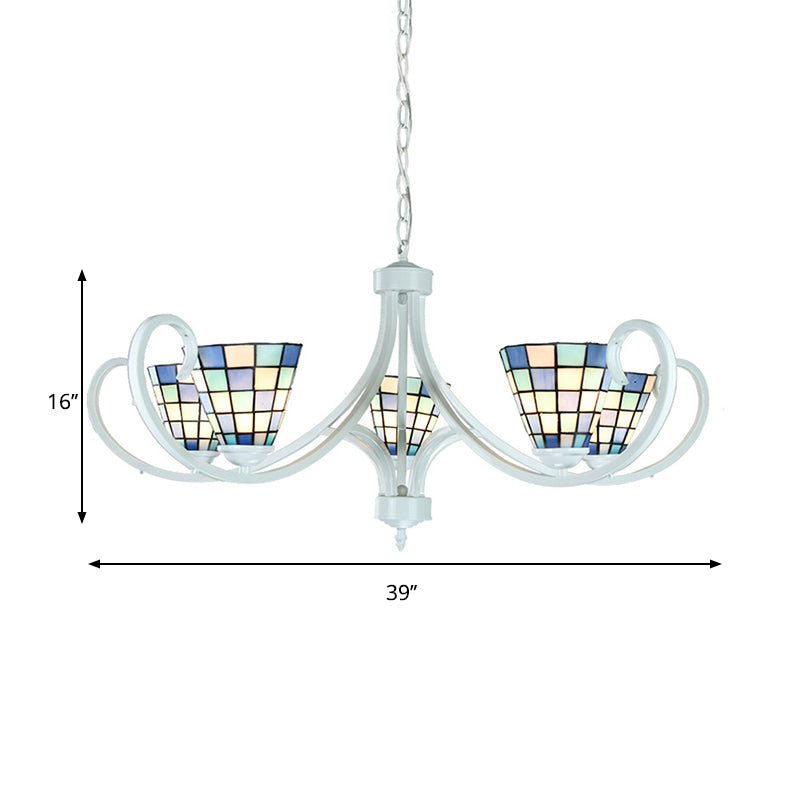 5/6/8 Lights Cone Ceiling Chandelier with Curved Arm Stained Glass Tiffany Indoor Pendant Light Clearhalo 'Ceiling Lights' 'Chandeliers' 'Industrial' 'Middle Century Chandeliers' 'Tiffany Chandeliers' 'Tiffany close to ceiling' 'Tiffany' Lighting' 177964