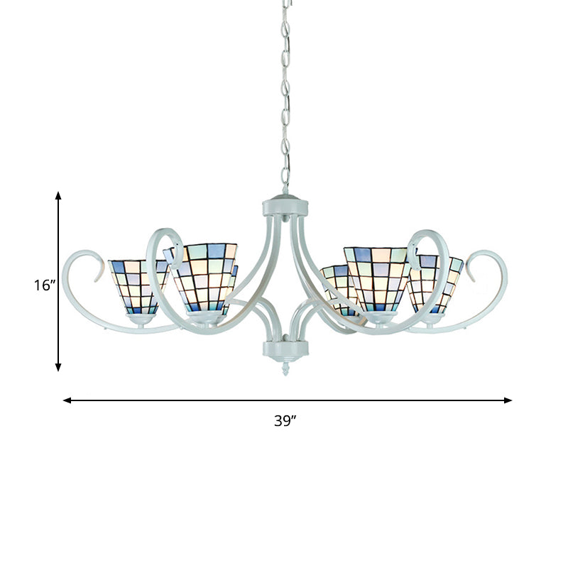 5/6/8 Lights Cone Ceiling Chandelier with Curved Arm Stained Glass Tiffany Indoor Pendant Light Clearhalo 'Ceiling Lights' 'Chandeliers' 'Industrial' 'Middle Century Chandeliers' 'Tiffany Chandeliers' 'Tiffany close to ceiling' 'Tiffany' Lighting' 177967
