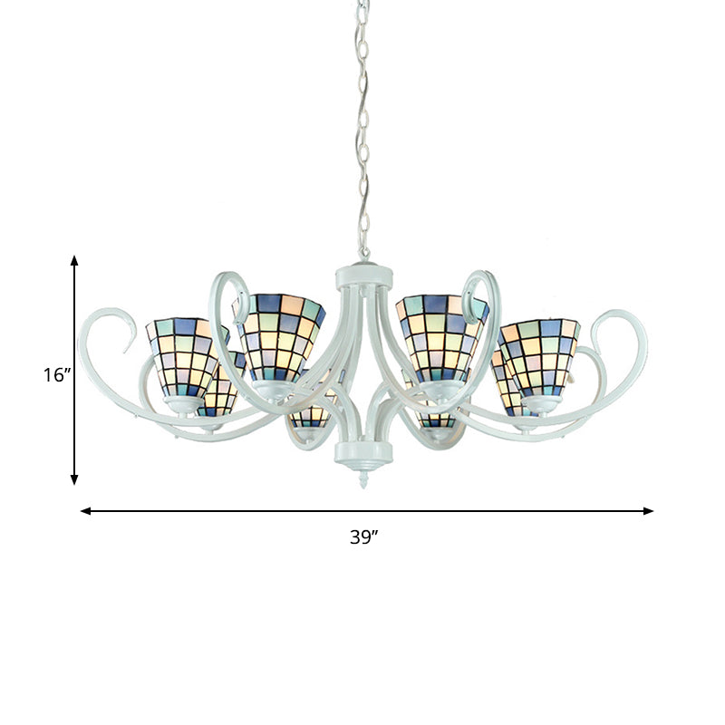 5/6/8 Lights Cone Ceiling Chandelier with Curved Arm Stained Glass Tiffany Indoor Pendant Light Clearhalo 'Ceiling Lights' 'Chandeliers' 'Industrial' 'Middle Century Chandeliers' 'Tiffany Chandeliers' 'Tiffany close to ceiling' 'Tiffany' Lighting' 177970