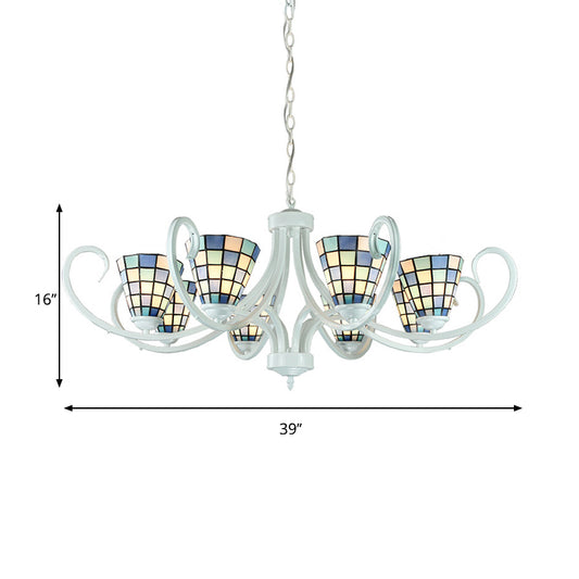 5/6/8 Lights Cone Ceiling Chandelier with Curved Arm Stained Glass Tiffany Indoor Pendant Light Clearhalo 'Ceiling Lights' 'Chandeliers' 'Industrial' 'Middle Century Chandeliers' 'Tiffany Chandeliers' 'Tiffany close to ceiling' 'Tiffany' Lighting' 177970