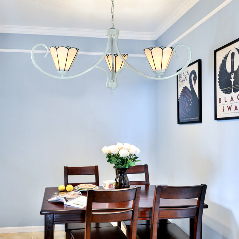 Conical Chandelier Light with Curved Arm 3 Lights White Glass Tiffany Hanging Ceiling Light Clearhalo 'Ceiling Lights' 'Chandeliers' 'Industrial' 'Middle Century Chandeliers' 'Tiffany Chandeliers' 'Tiffany close to ceiling' 'Tiffany' Lighting' 177972