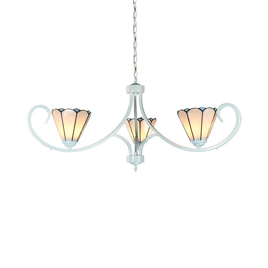 Conical Chandelier Light with Curved Arm 3 Lights White Glass Tiffany Hanging Ceiling Light Clearhalo 'Ceiling Lights' 'Chandeliers' 'Industrial' 'Middle Century Chandeliers' 'Tiffany Chandeliers' 'Tiffany close to ceiling' 'Tiffany' Lighting' 177973